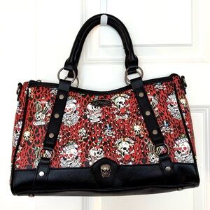 ED HARDY Red Cheetah Print Crystal Embellished Satchel Handbag